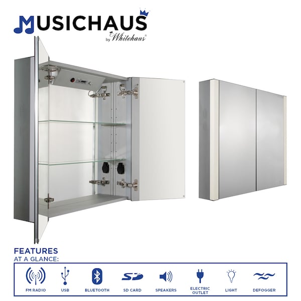 Whitehaus Dbl Mirrored Door Medicine Cabinet W/ Usb, Sd Card, Bluetooth, Fm Radio, S WHFEL8069-S - main